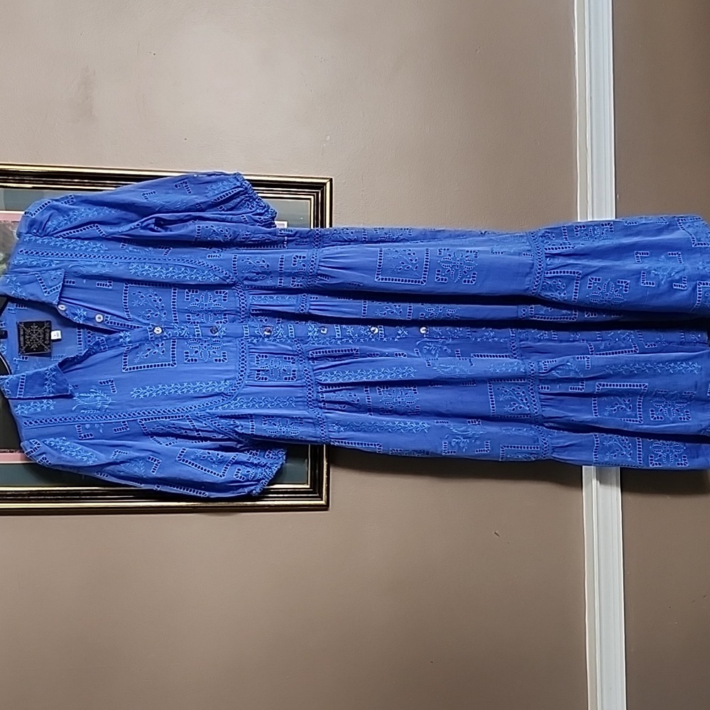 Johnny Was Blue Midi Sundress with Tiered Skirt and 3/4 Bishop Sleeves - Picture 6 of 12